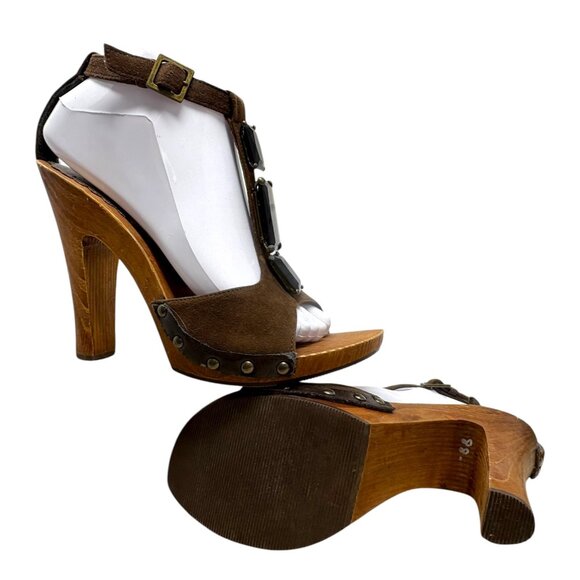 Beverly Feldman Cocoa‎ Suede Bejeweled T-Strap Wooden Sandals - Picture 8 of 11